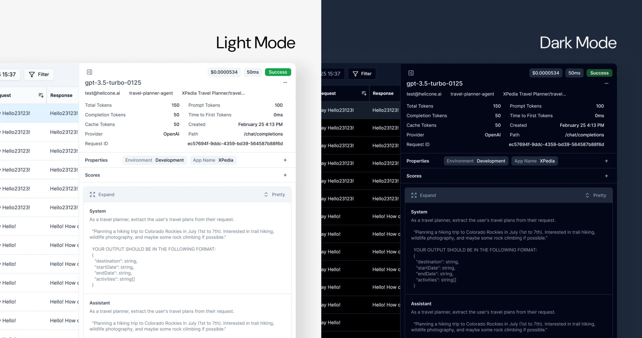 Comparison of Helicone's interface in light and dark modes, demonstrating accessibility considerations