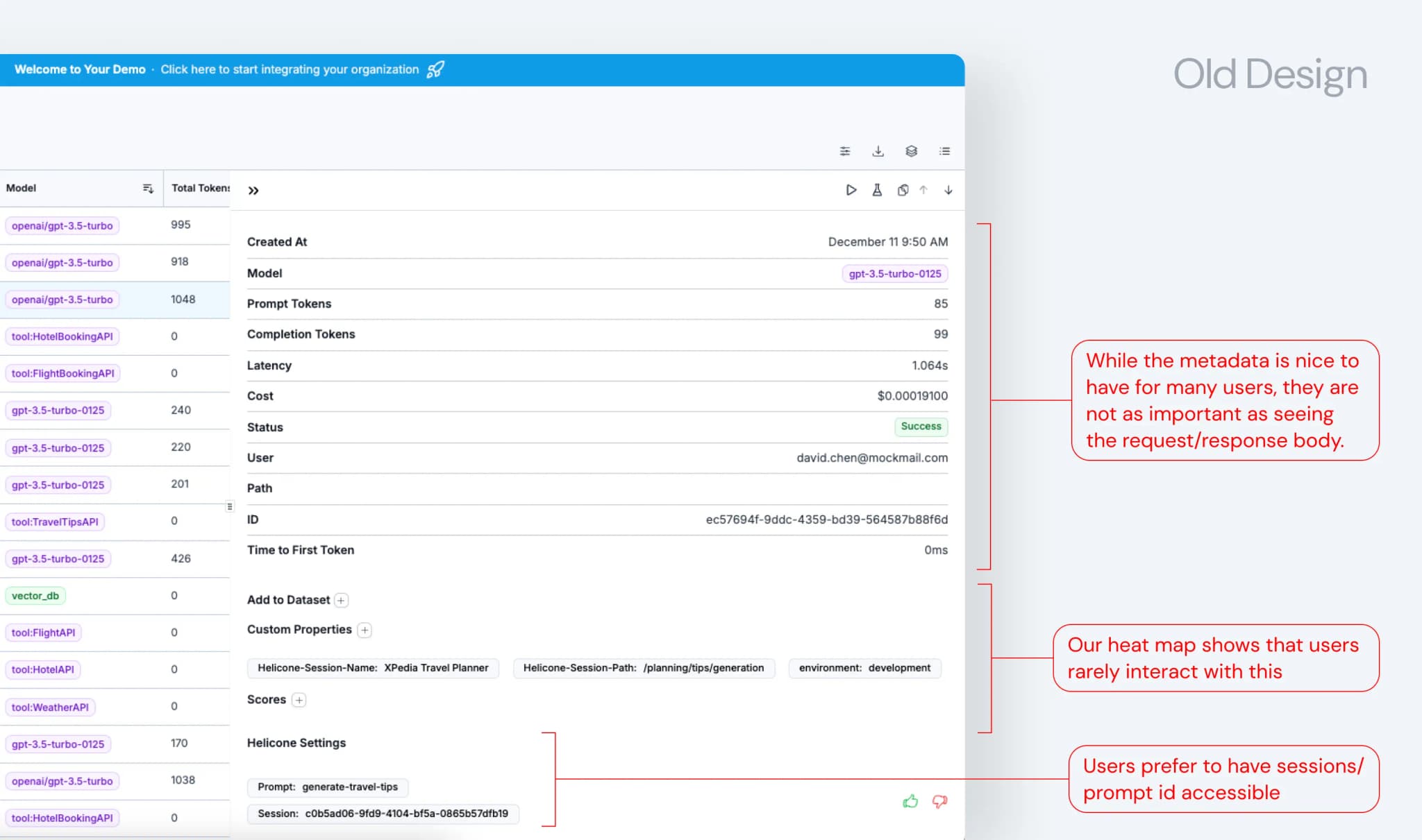 Design audit of the original request drawer showing areas for improvement in layout and information hierarchy