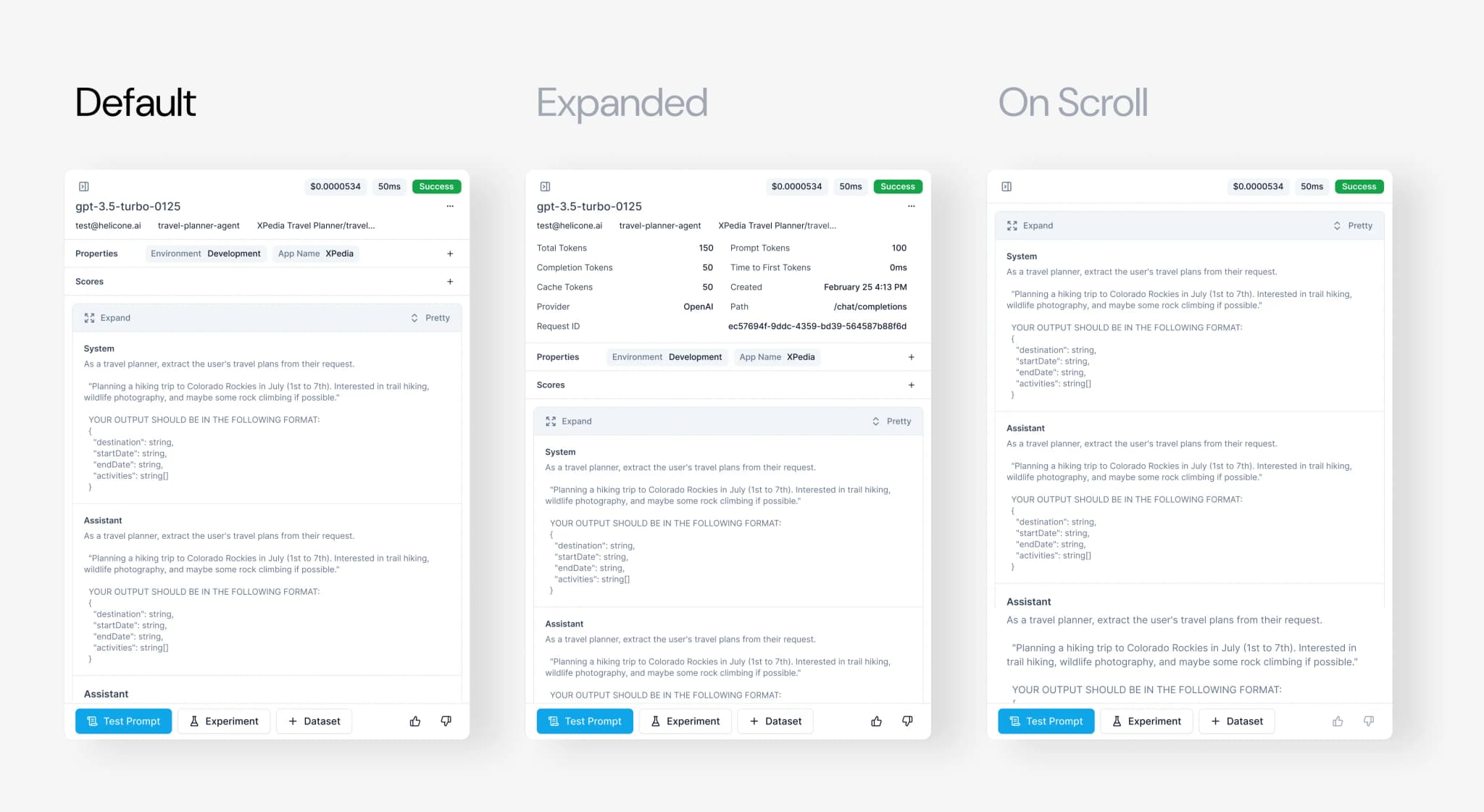 Interactive behaviors of the request drawer showing progressive disclosure of metadata and focus states