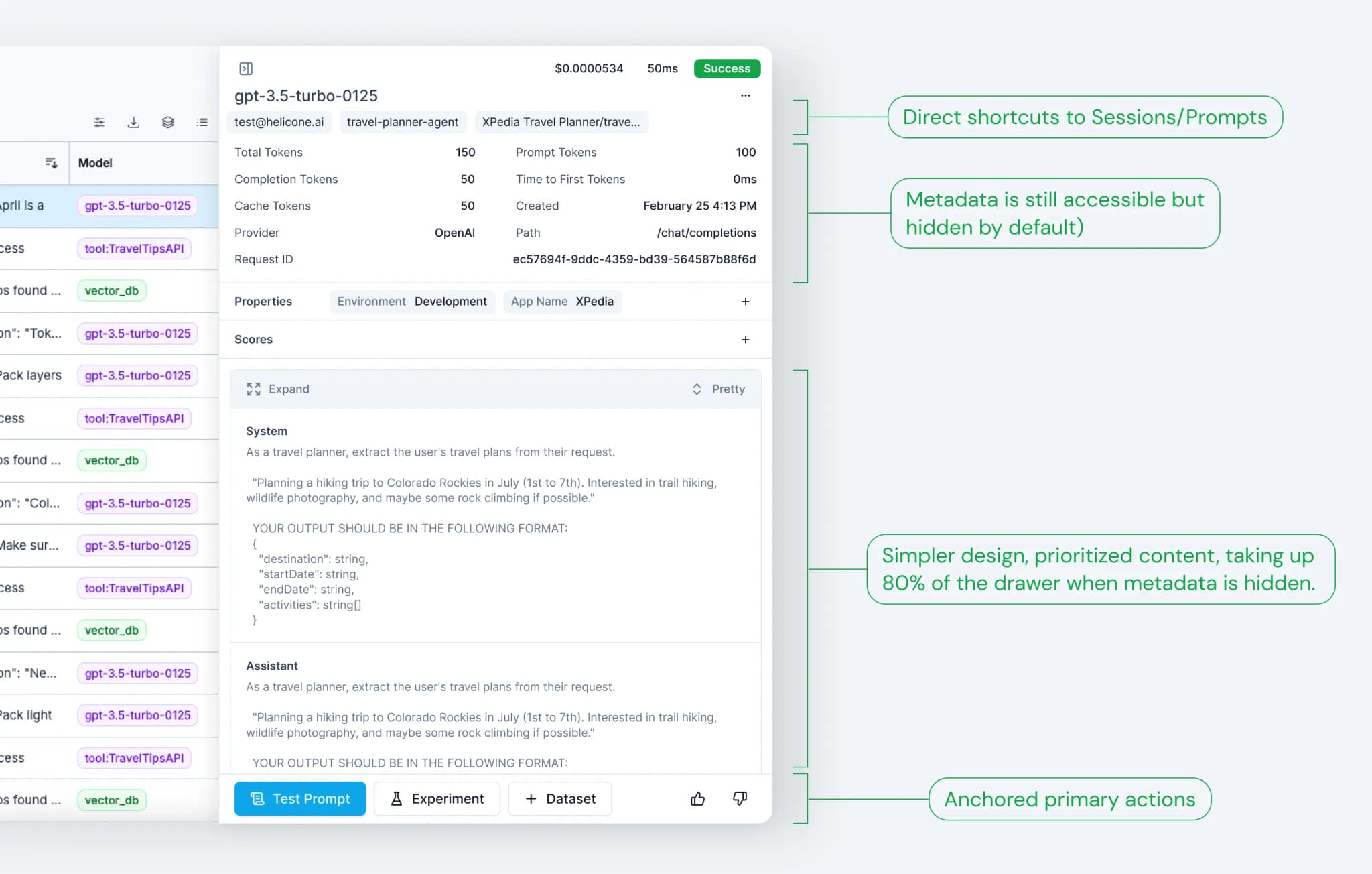 Side-by-side comparison of Helicone's request page in dark and light modes, highlighting the interface's adaptability