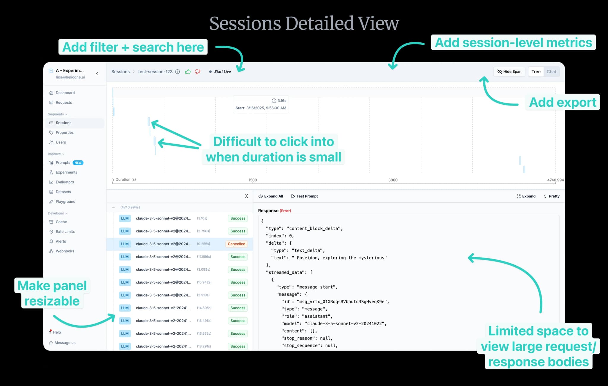 Detailed view of a session showing the original interface for analyzing LLM interactions