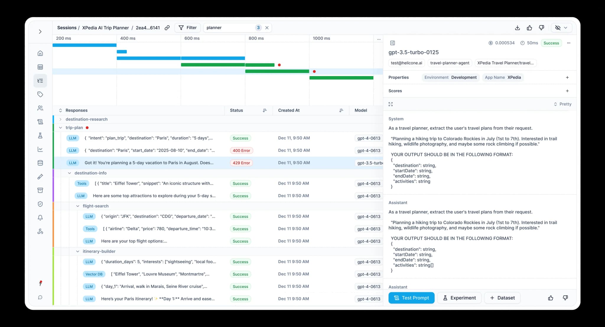 High-fidelity mockup of Helicone's sessions view showing the redesigned interface for tracking LLM workflows