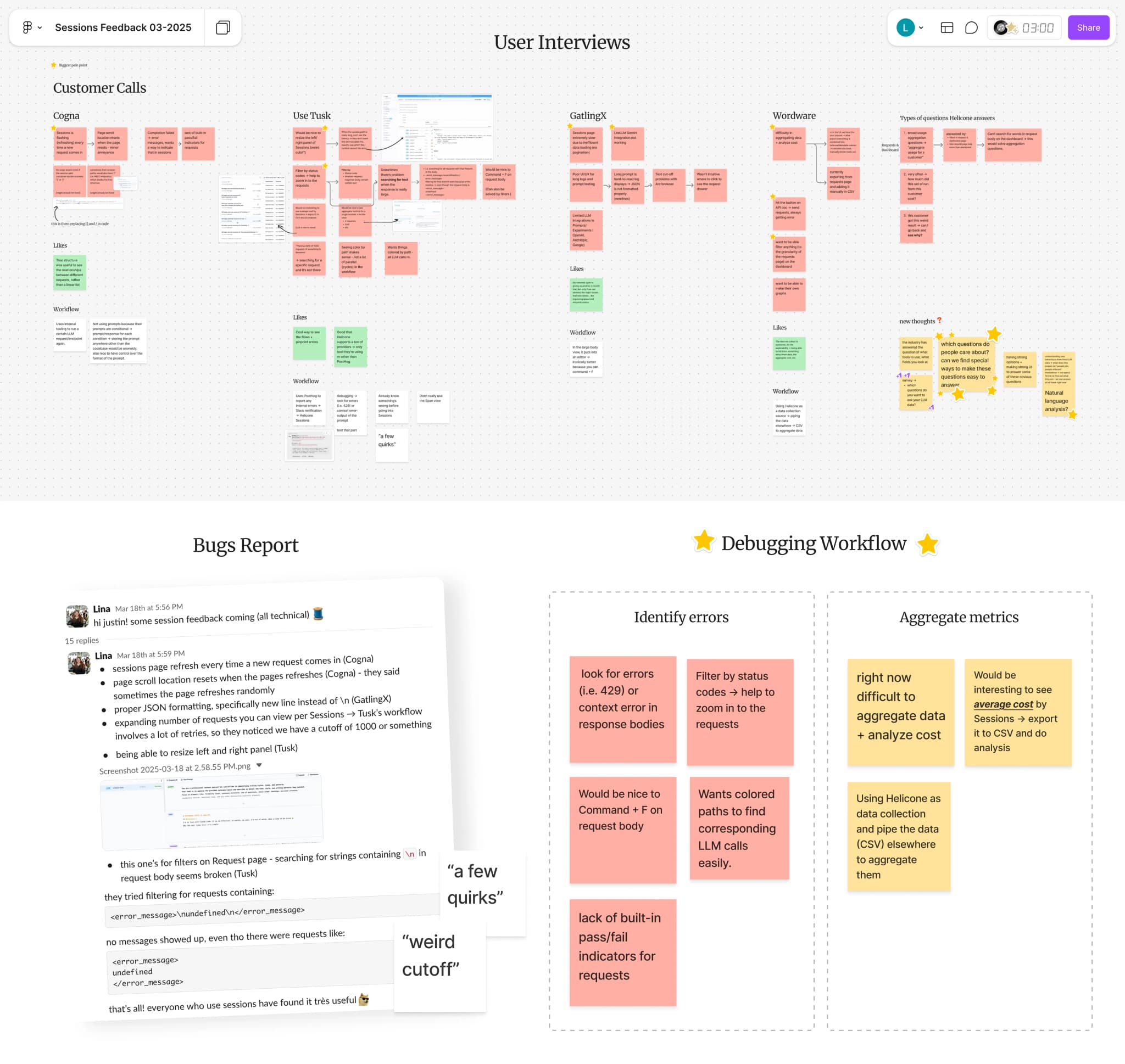User interview insights and feedback about the sessions feature, displayed in a structured format