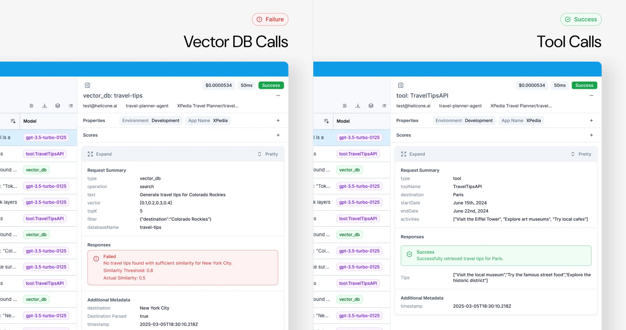 Examples of vector and tool calls in Helicone's interface, showing different visualization patterns for various request types