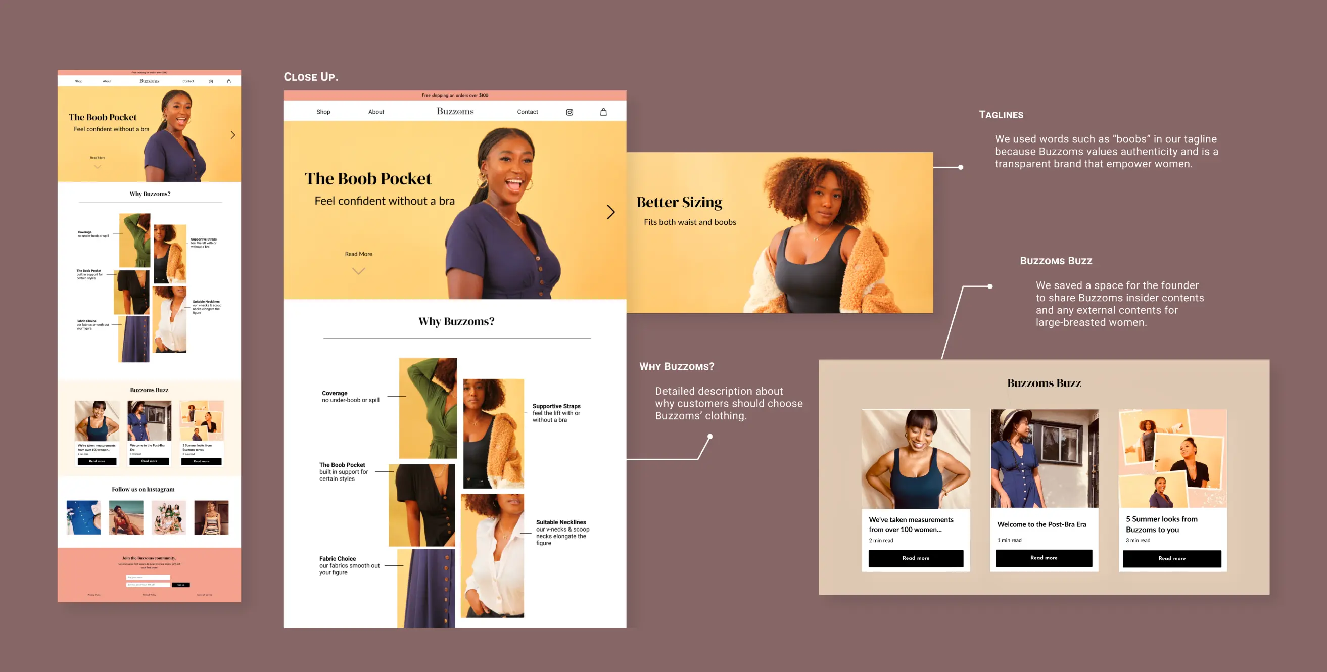 Final about page design showing product features, brand story, and supporting imagery in a clean, organized layout