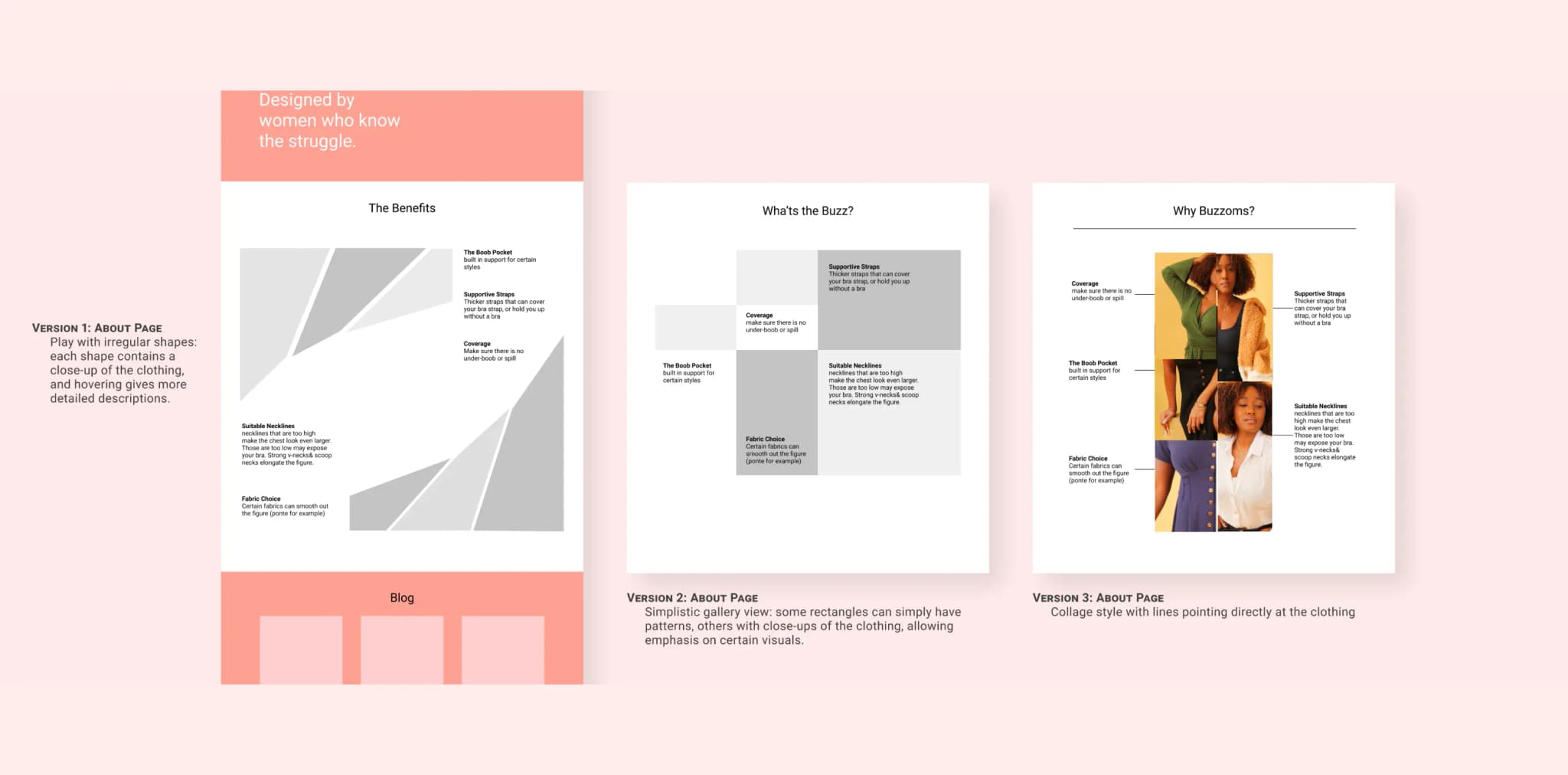 Three about page wireframe variations exploring different layouts for product features and brand story