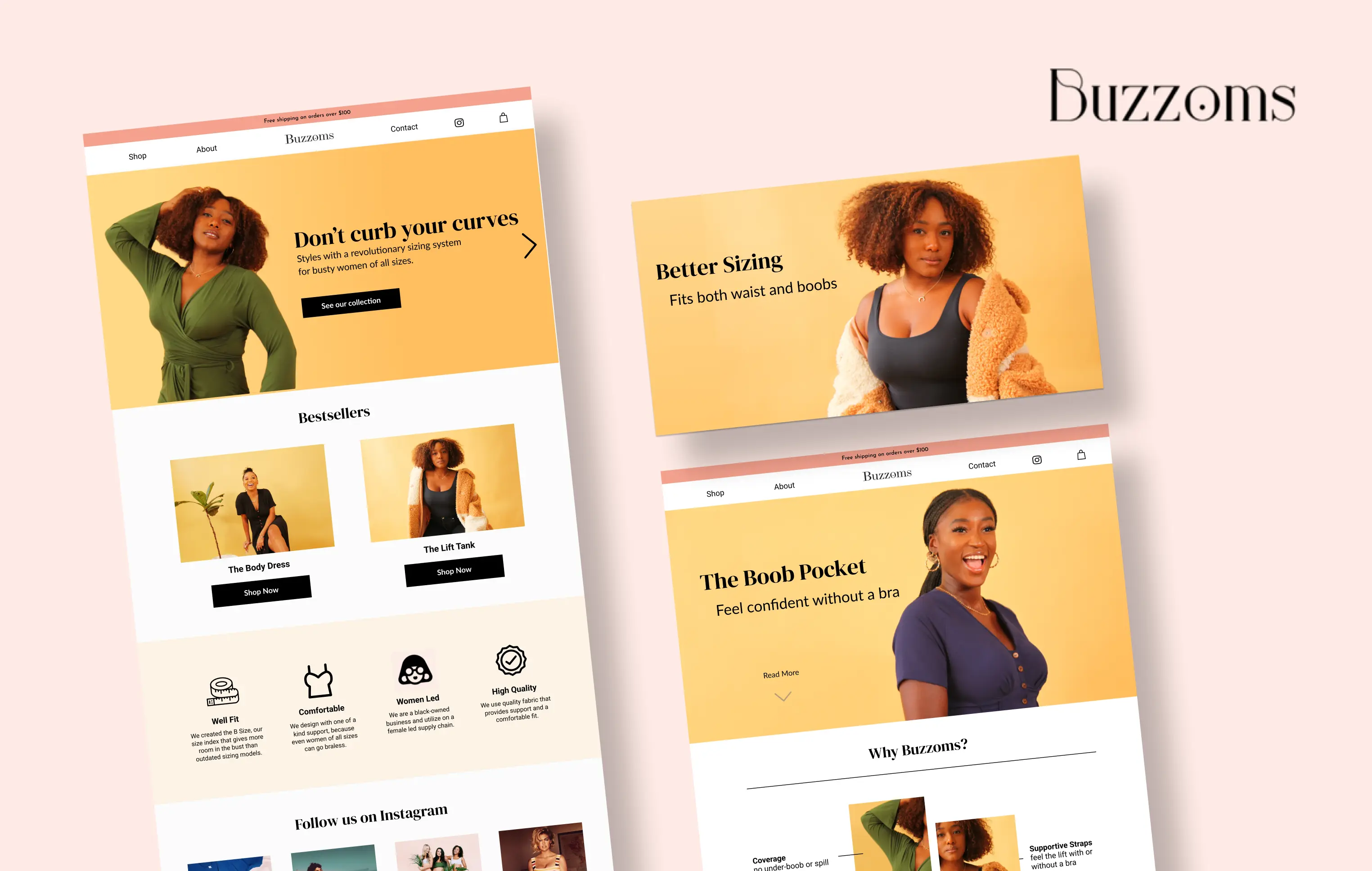 Buzzoms brand cover image showing a woman confidently wearing a Buzzoms top, highlighting the brand's focus on comfortable, supportive clothing for full-chested women