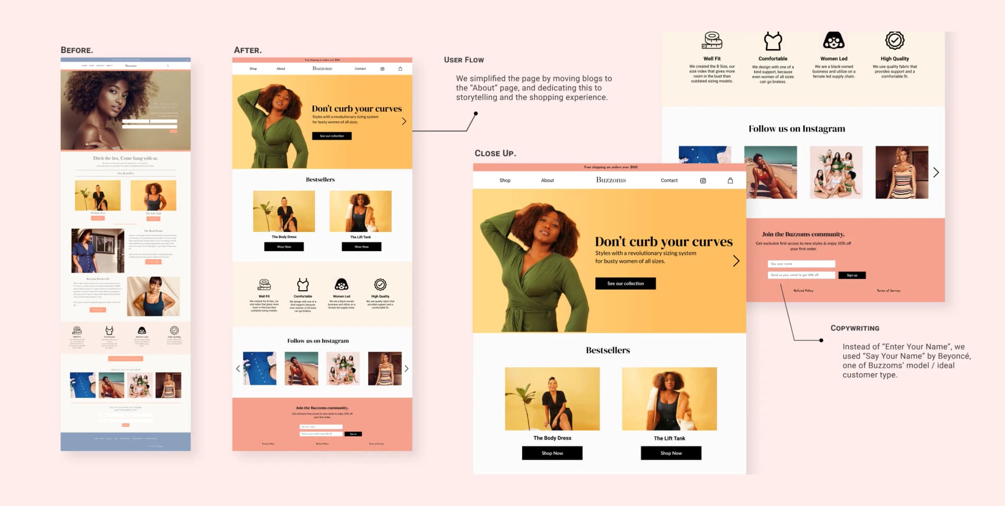 Final Buzzoms homepage design featuring bold typography, model photography, and clear call-to-action buttons
