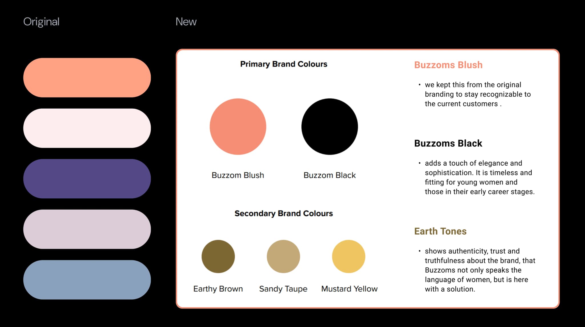 Color palette showing Buzzoms' brand colors: soft pink, deep purple, and neutral tones