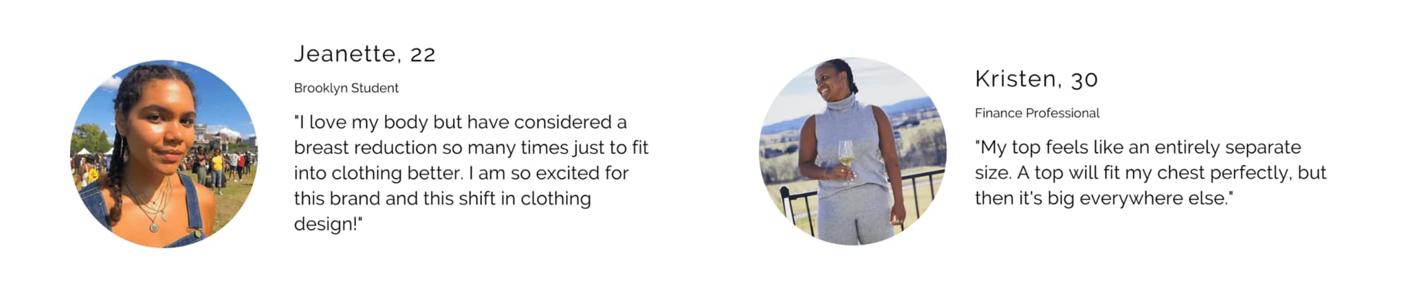 Two customer testimonials highlighting the challenges of finding well-fitting clothes for full-chested women