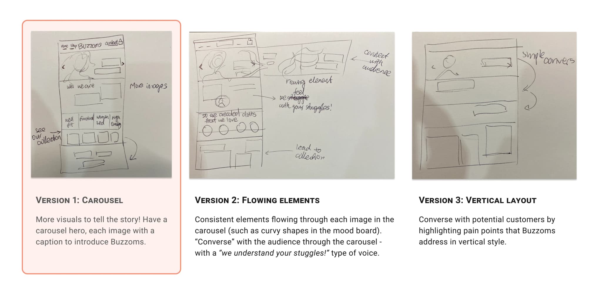 Three home page wireframe variations showing different approaches to layout and content organization