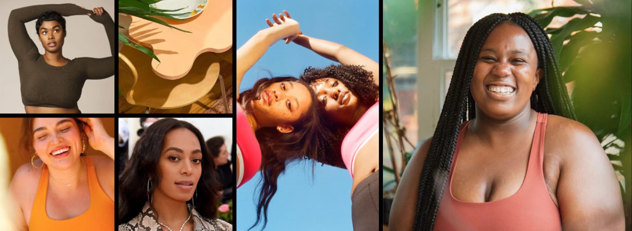 Moodboard showing diverse body types, confident poses, and curve-focused fashion photography