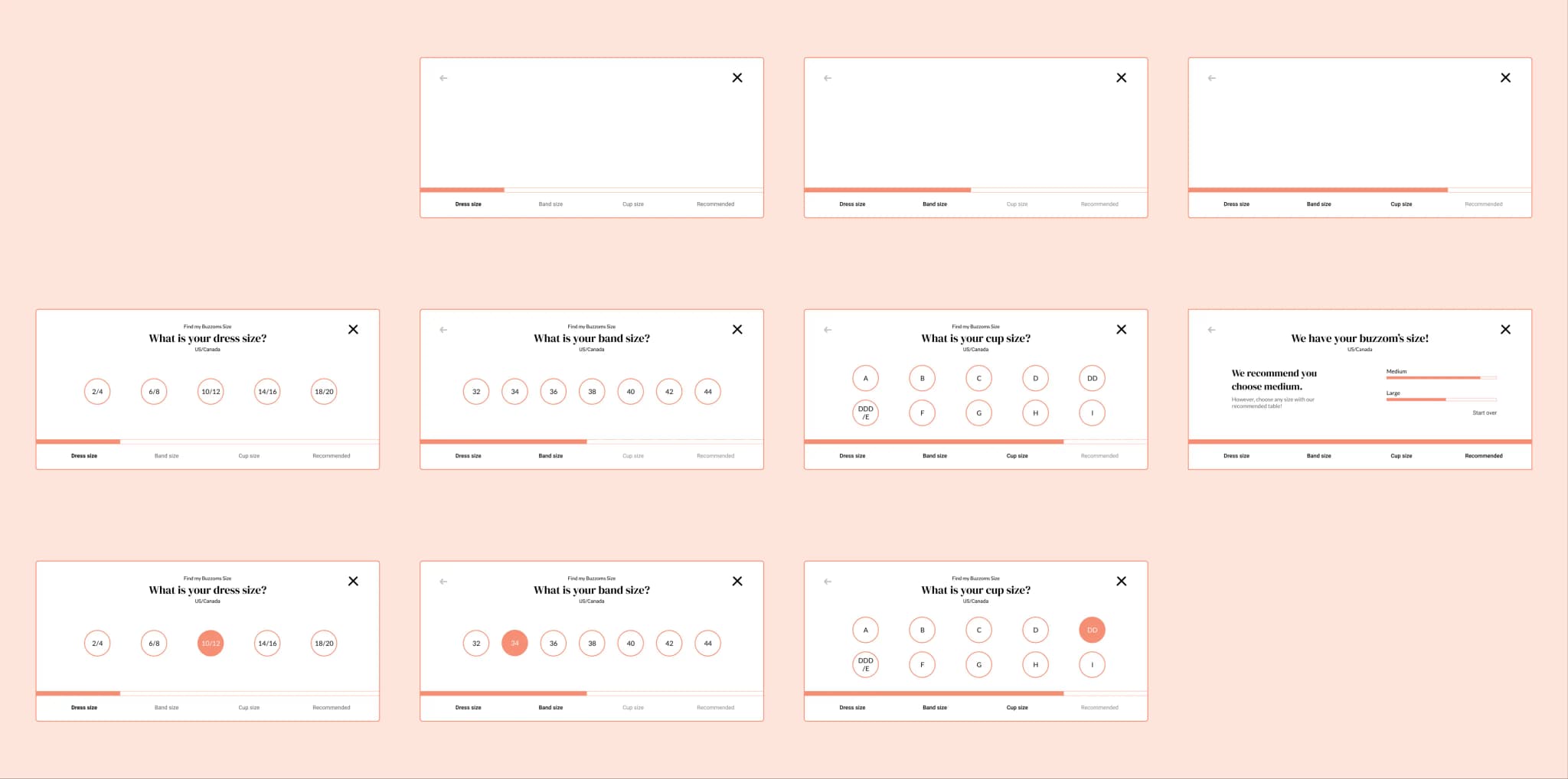 Interactive sizing quiz wireframes showing step-by-step measurement process and results page