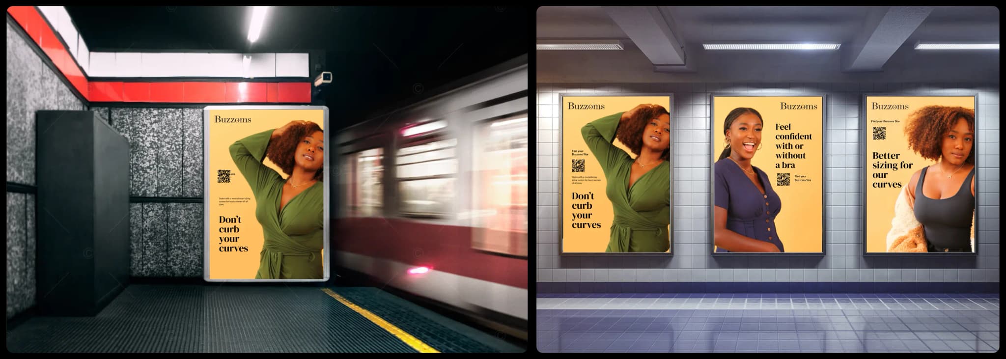 Subway advertisement mockup featuring Buzzoms branding, QR code, and the tagline 'Don't curb your curves'