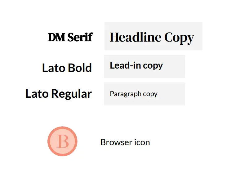 Typography samples showing Buzzoms' brand fonts with examples of headings and body text