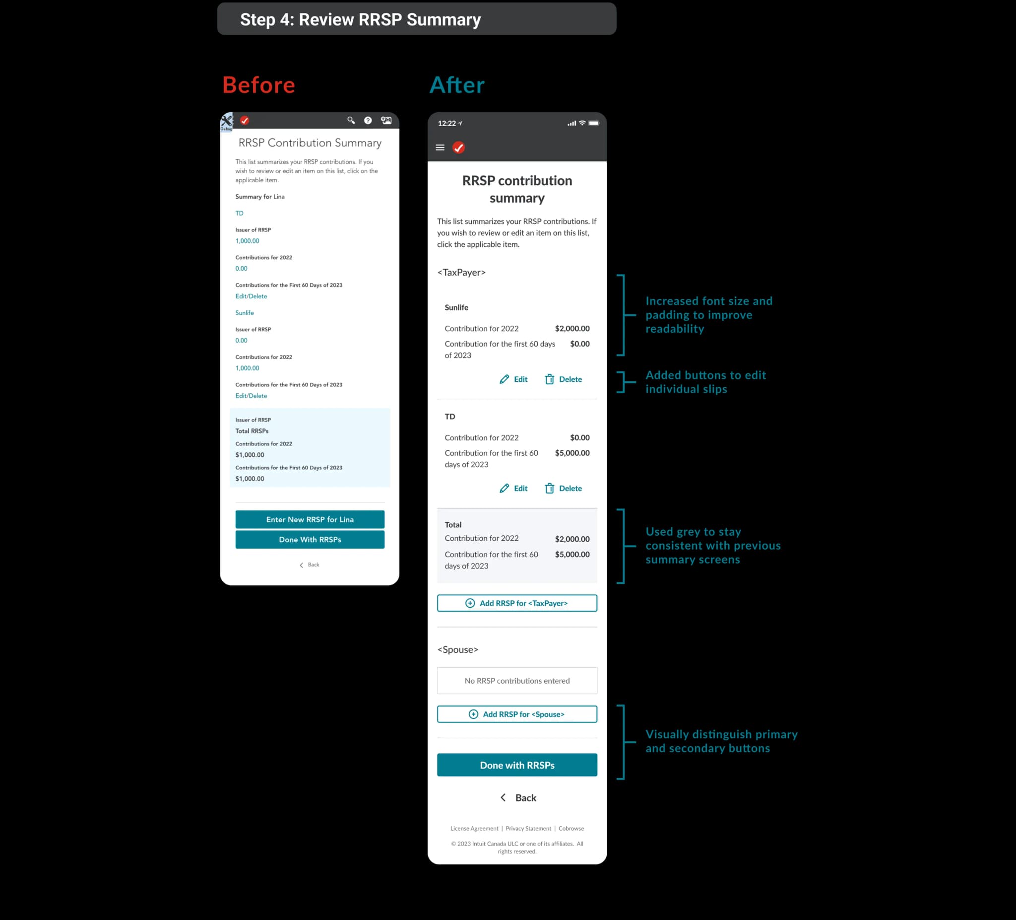 Final design for RRSP summary screen with optimized visual hierarchy