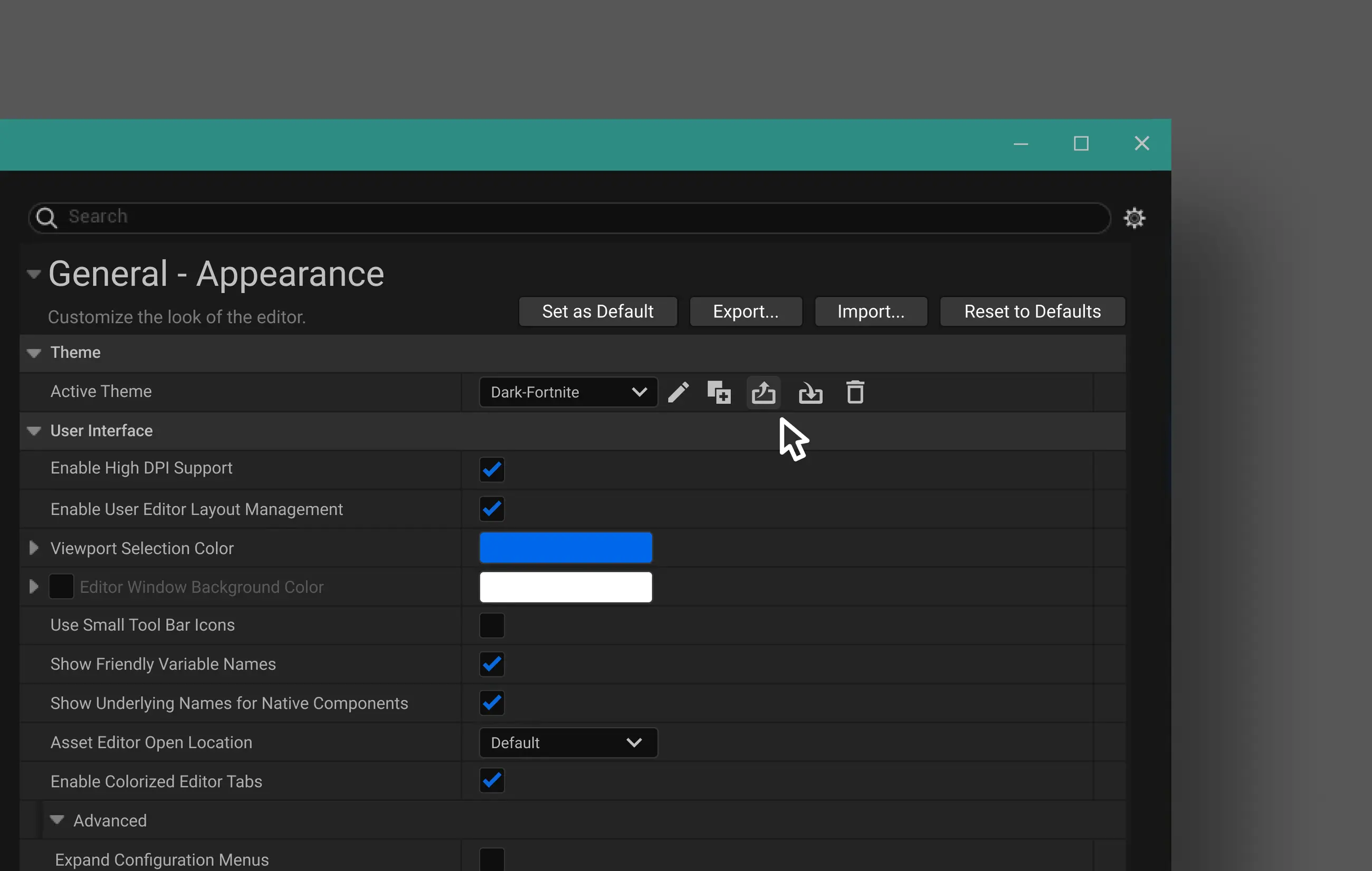 Unreal Engine 5.1 interface with theme customization panel and color options