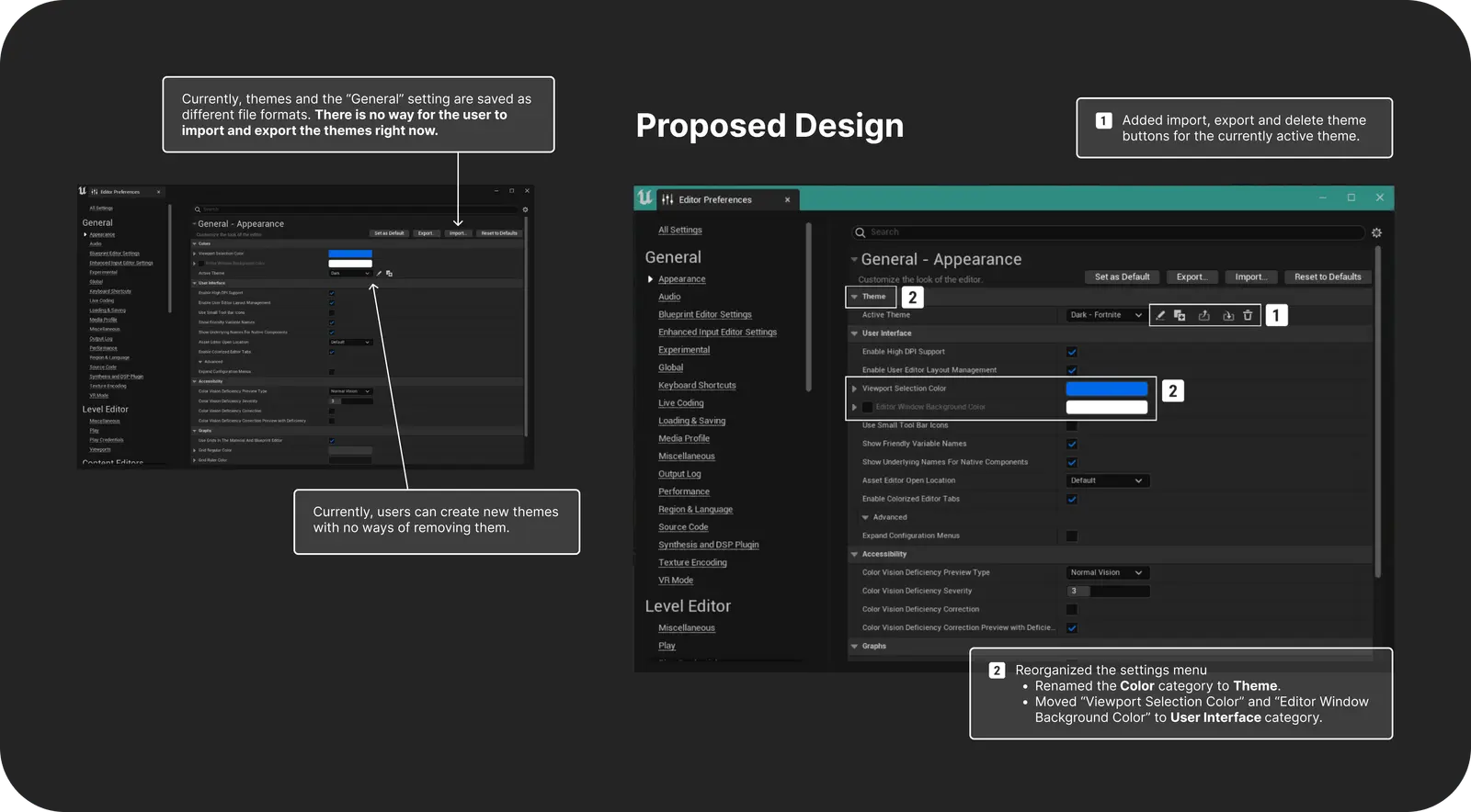 Proposed design for theme sharing interface with import, export, and delete options