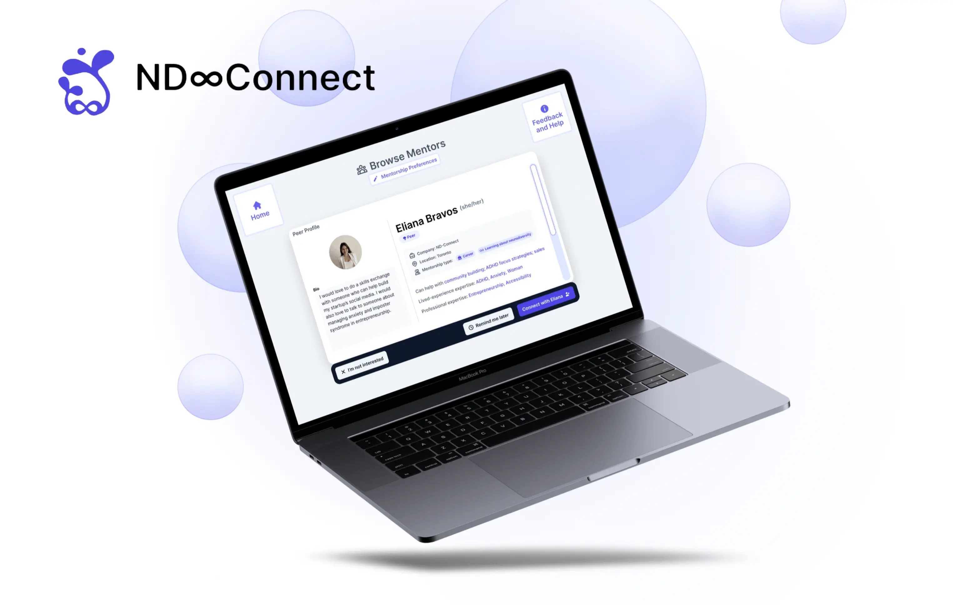ND∞Connect platform interface showing the mentorship matching system with a clean, accessible design featuring purple and white color scheme