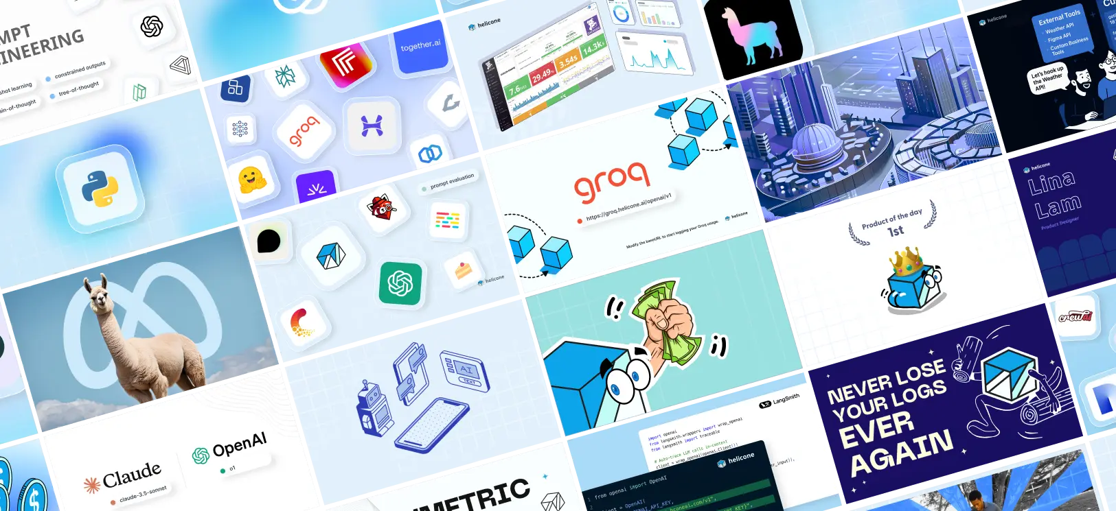 Helicone Graphics - Collection of brand graphics and visual elements showing the design system