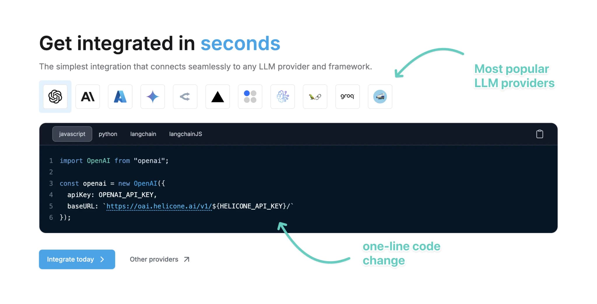 Helicone Integrations - Dashboard showing supported integrations and API connections