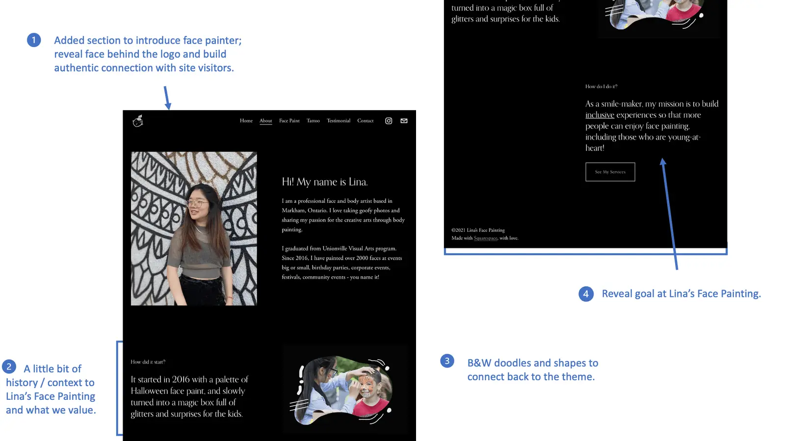 About page featuring the face painter's story and mission statement