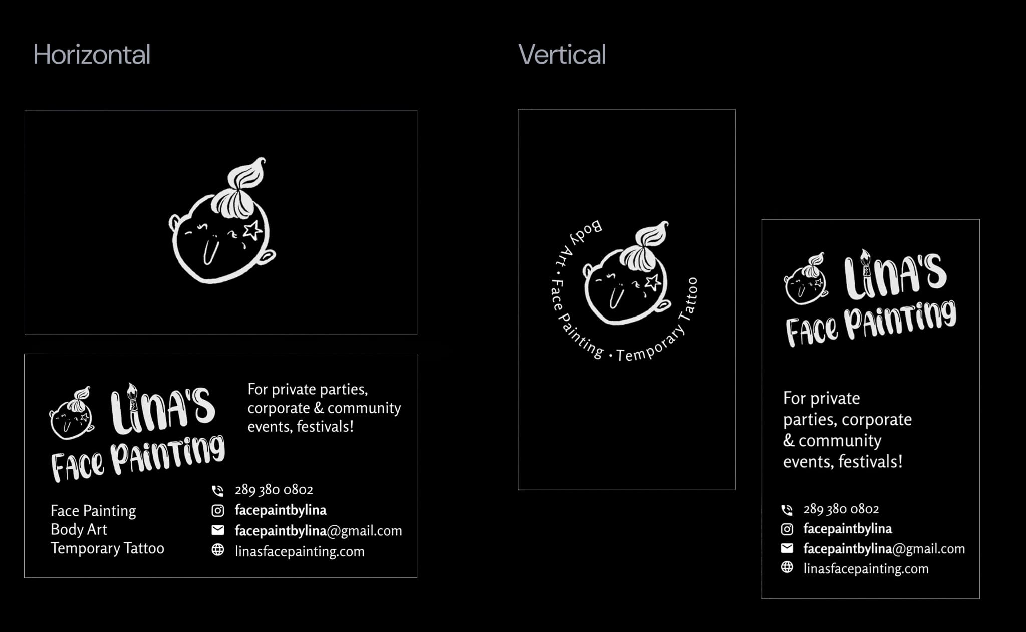Business card design variations comparing horizontal and vertical layouts