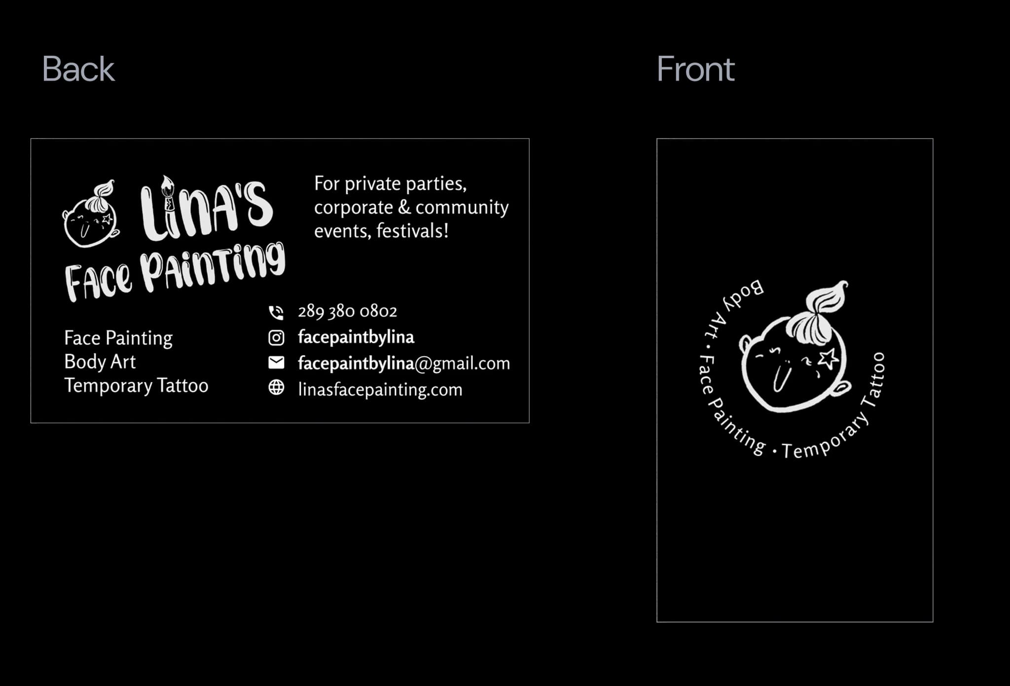 Final business card design featuring a hybrid layout with vertical front and horizontal back