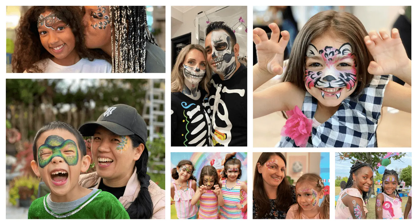 Collection of face painting designs showing various styles from simple patterns to elaborate character designs