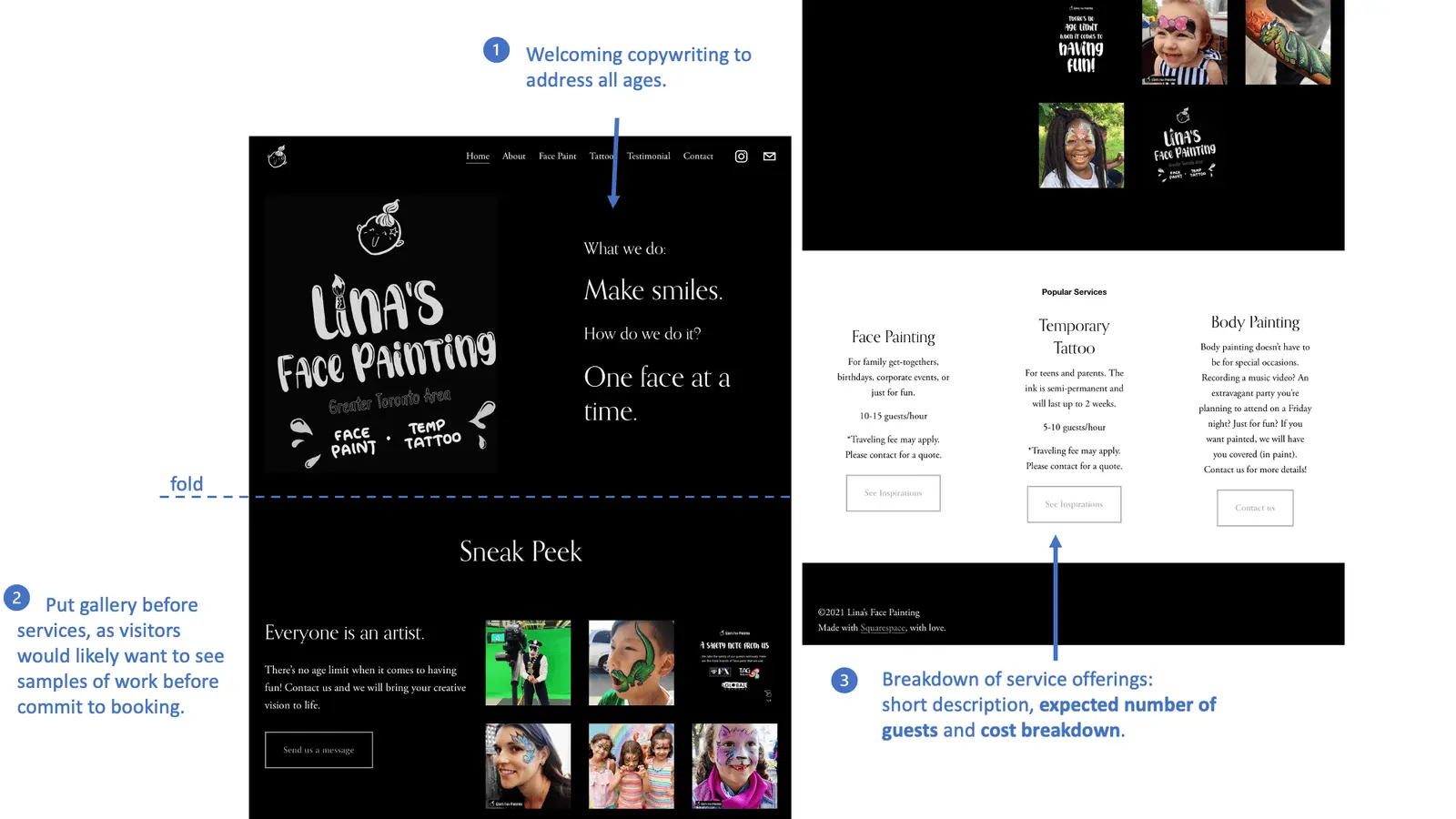 Homepage design featuring a modern layout with gallery of face painting examples and clear call-to-action buttons