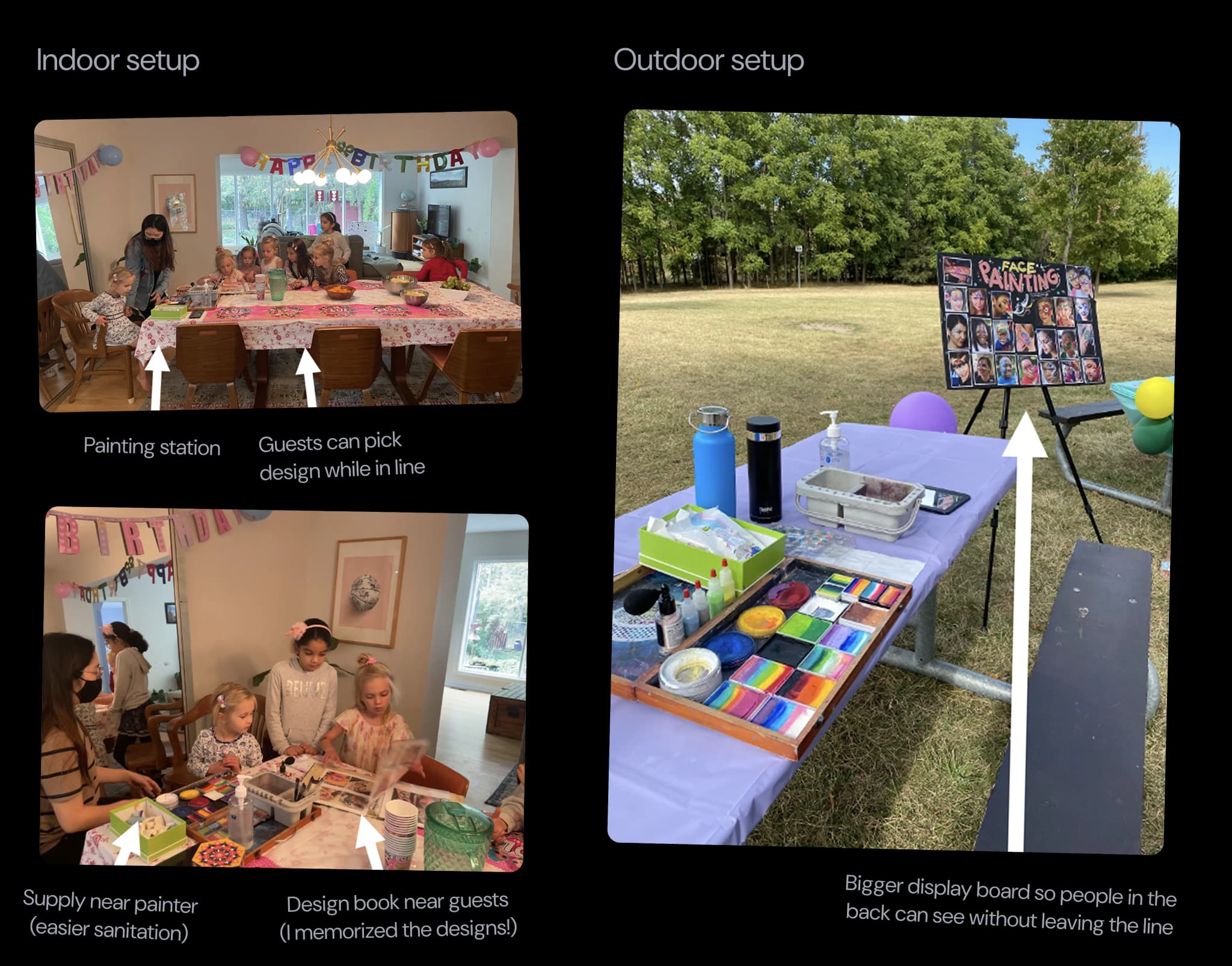 Face painting setup process showing organized materials and workspace