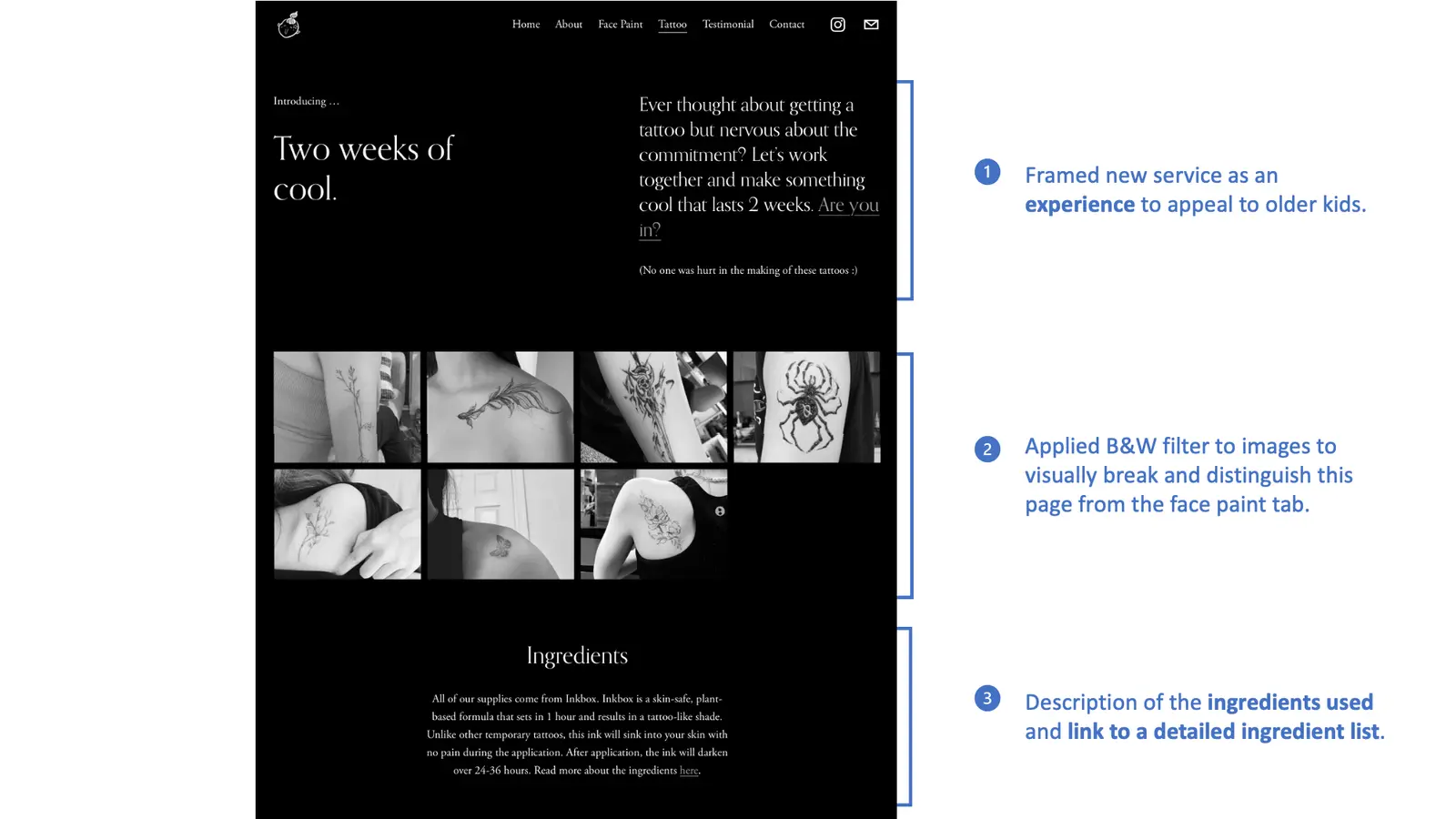 Temporary tattoo service page displaying various design options and safety information