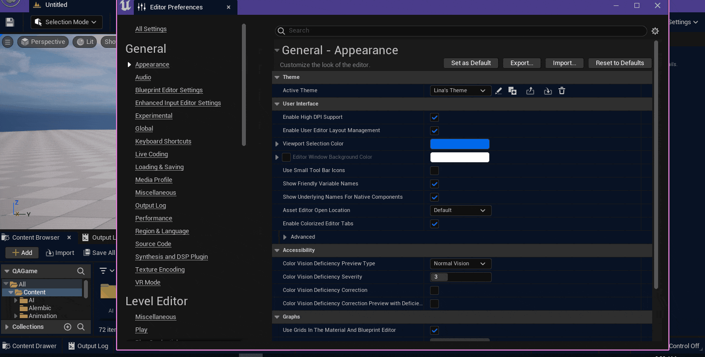 Animation demonstrating the theme export workflow in Unreal Engine, showing the file location selection process
